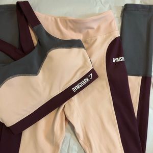 GYMSHARK Illusion Color-block Pink, Maroon, Gray Sports Bra / Legging Set NWOT
